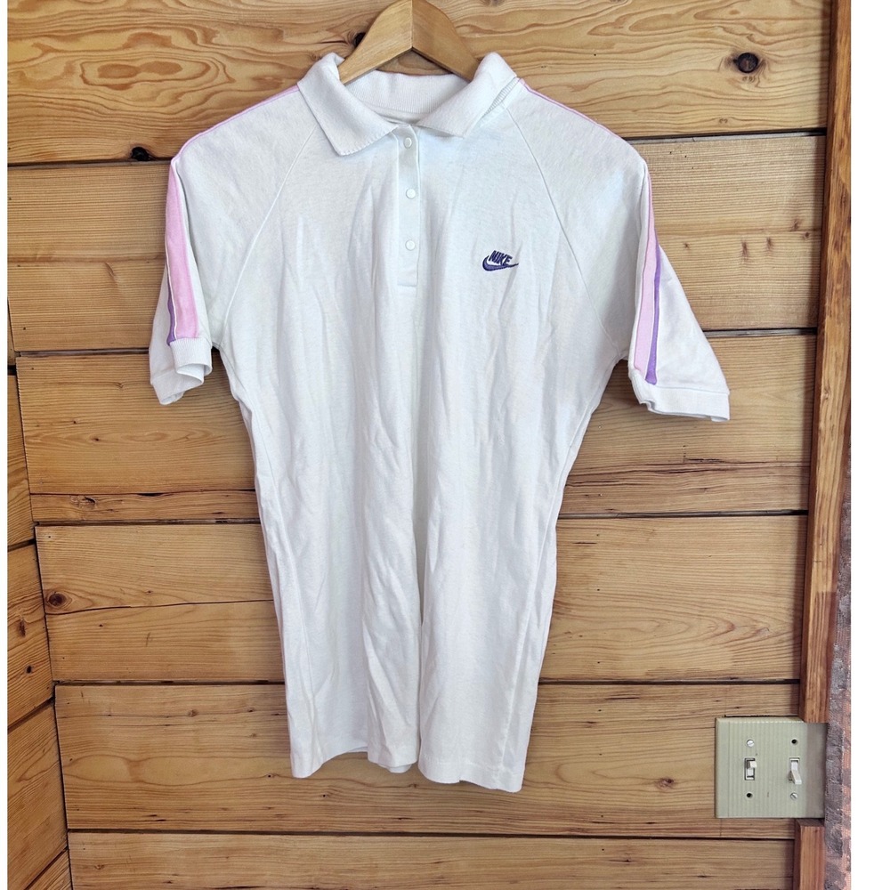 Vintage Tennis Polo Womens Large White Pastel Pink Purple Stripe Nike Collectors